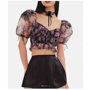 For Love & Lemons Sunshine Sheer Floral Puff Sleeve Crop‎ Top Drawstring Detail